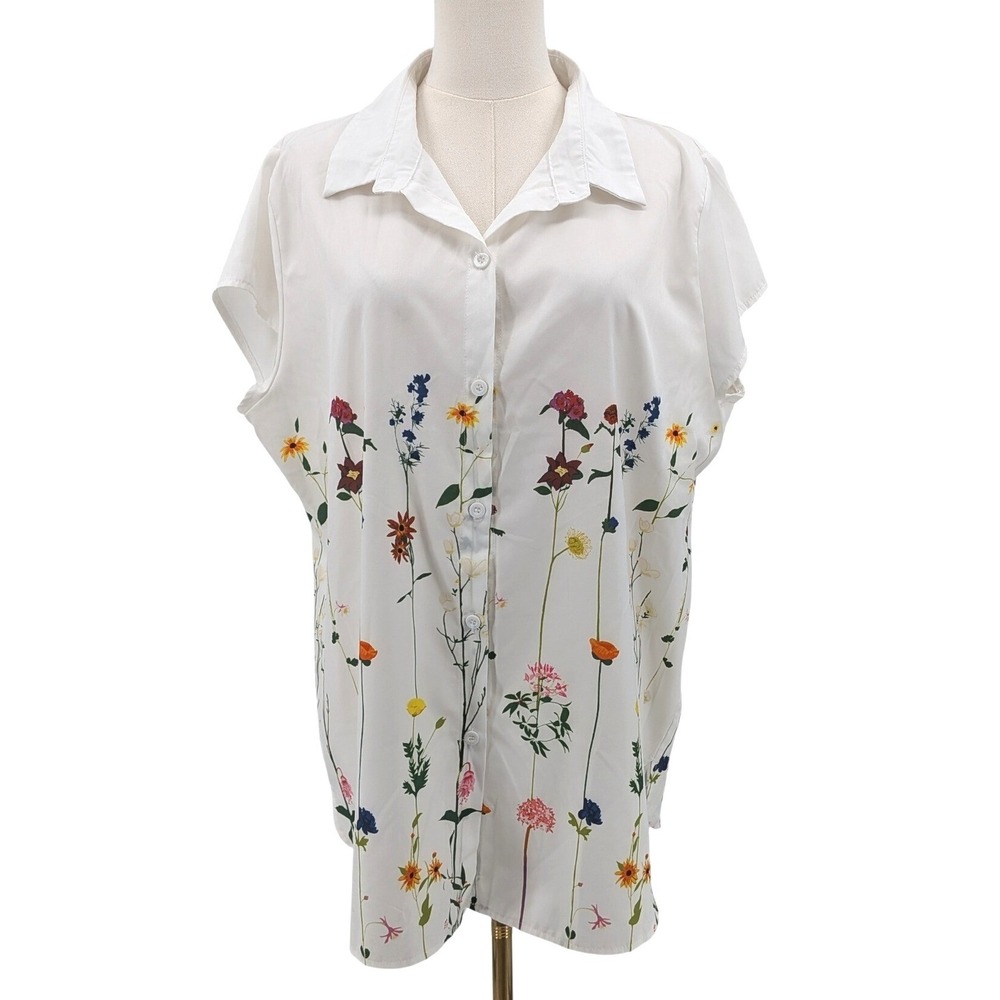 Floral Button Front Blouse‎ White Botanical Print Lightweight Cottagecore Top